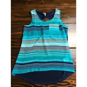 Studio Y Tank Top Women's Size XS Blue Teal Striped Sheer Front Keyhole back